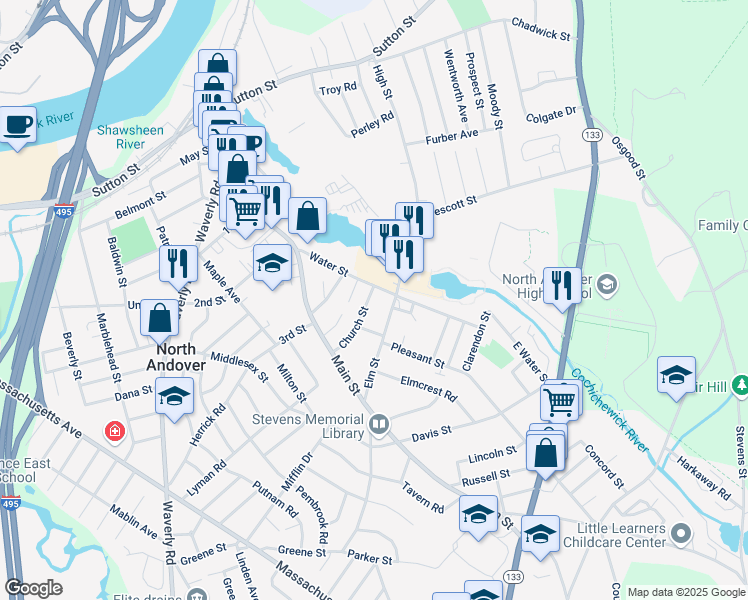 map of restaurants, bars, coffee shops, grocery stores, and more near 58 Church Street in North Andover