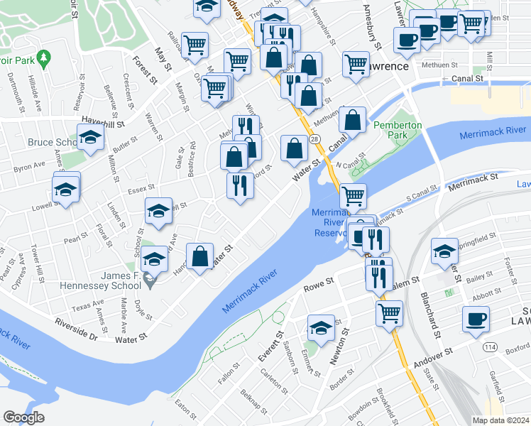 map of restaurants, bars, coffee shops, grocery stores, and more near 104 Water Street in Lawrence