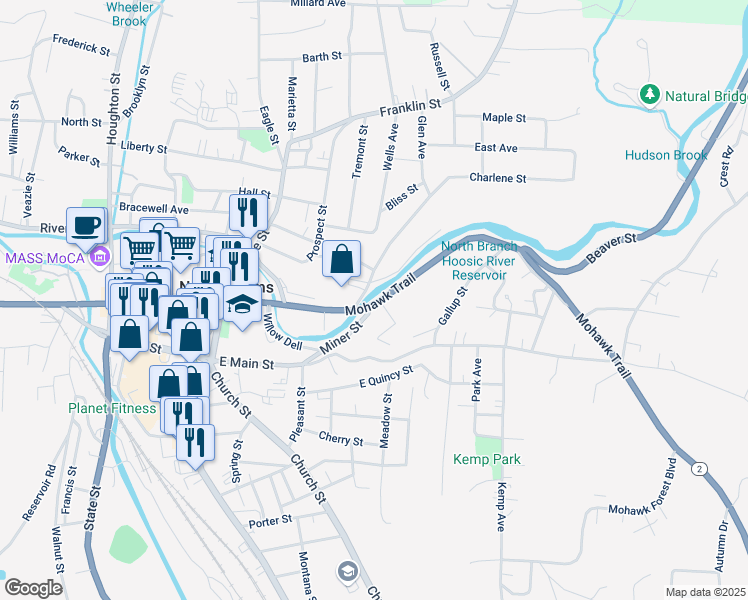 map of restaurants, bars, coffee shops, grocery stores, and more near 174 Union Street in North Adams