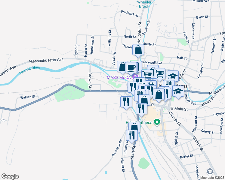 map of restaurants, bars, coffee shops, grocery stores, and more near 85 West Main Street in North Adams