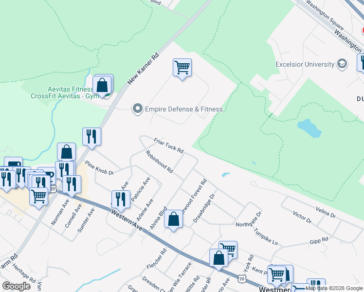 map of restaurants, bars, coffee shops, grocery stores, and more near 22 Friar Tuck Road in Albany