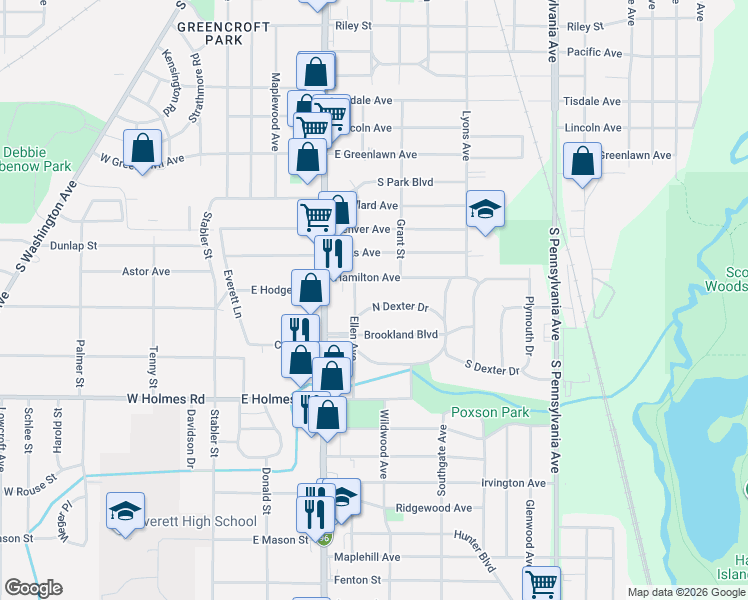 map of restaurants, bars, coffee shops, grocery stores, and more near 533 North Dexter Drive in Lansing