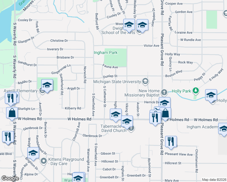 map of restaurants, bars, coffee shops, grocery stores, and more near 3120 Ingham Street in Lansing