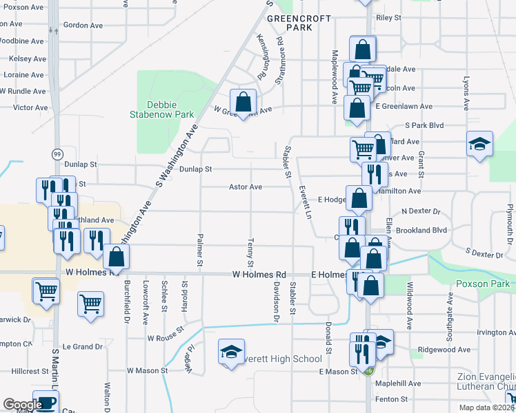 map of restaurants, bars, coffee shops, grocery stores, and more near 220 W Hodge Ave in Lansing