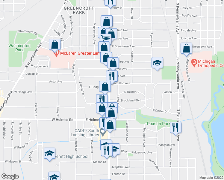 map of restaurants, bars, coffee shops, grocery stores, and more near 3121 South Cedar Street in Lansing