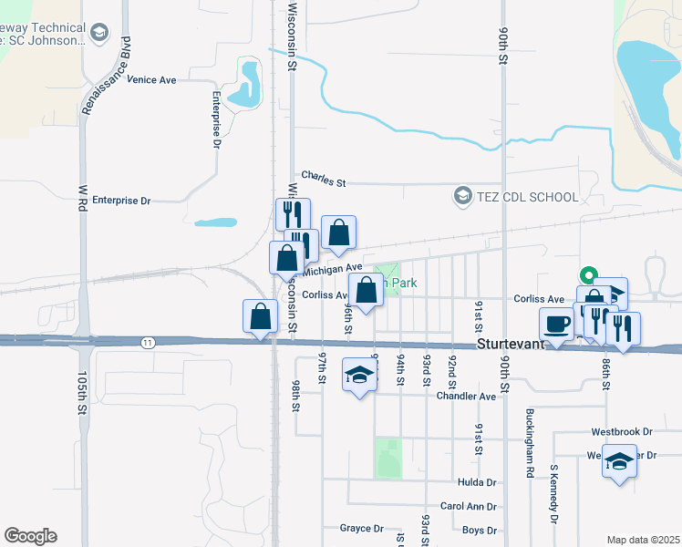map of restaurants, bars, coffee shops, grocery stores, and more near 2835 97th Street in Sturtevant