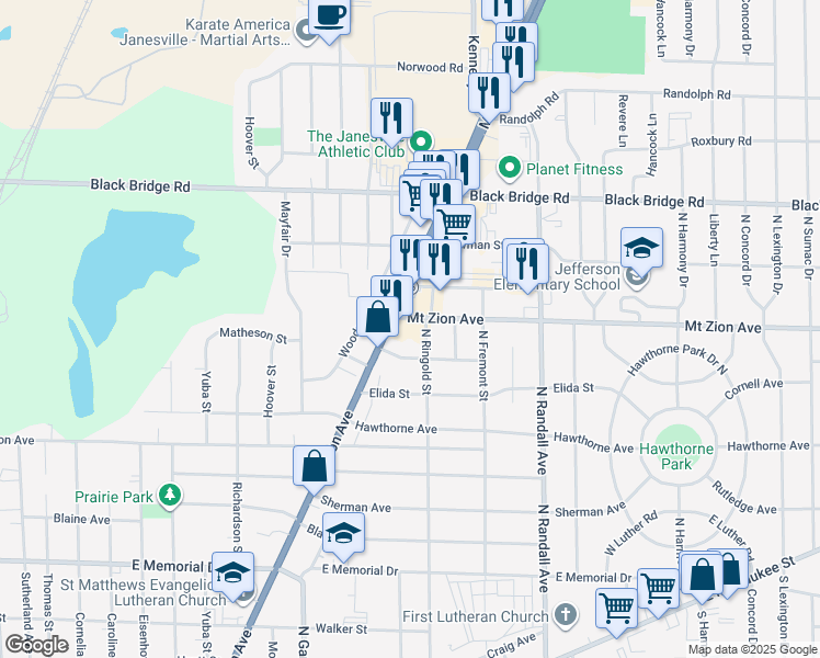 map of restaurants, bars, coffee shops, grocery stores, and more near 1260 Milton Avenue in Janesville