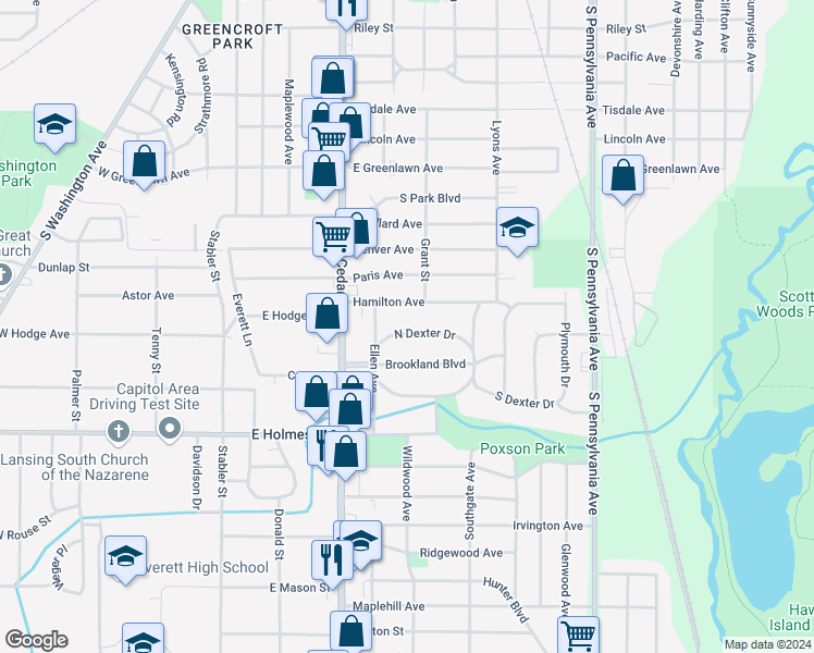 map of restaurants, bars, coffee shops, grocery stores, and more near 545 North Dexter Drive in Lansing