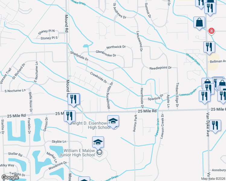 map of restaurants, bars, coffee shops, grocery stores, and more near 6623 Roseberry Drive in Macomb County