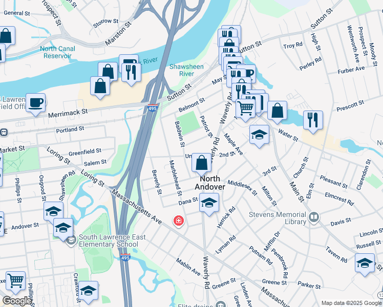 map of restaurants, bars, coffee shops, grocery stores, and more near 33 Union Street in North Andover