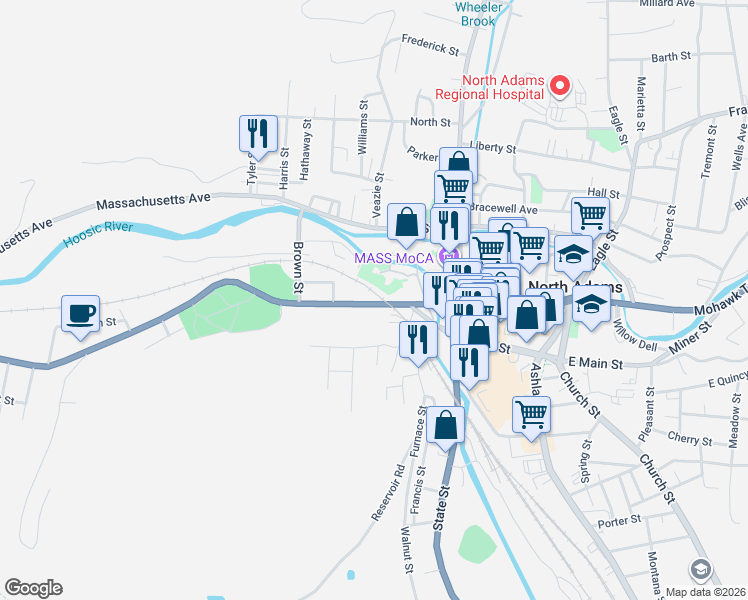 map of restaurants, bars, coffee shops, grocery stores, and more near 85 West Main Street in North Adams