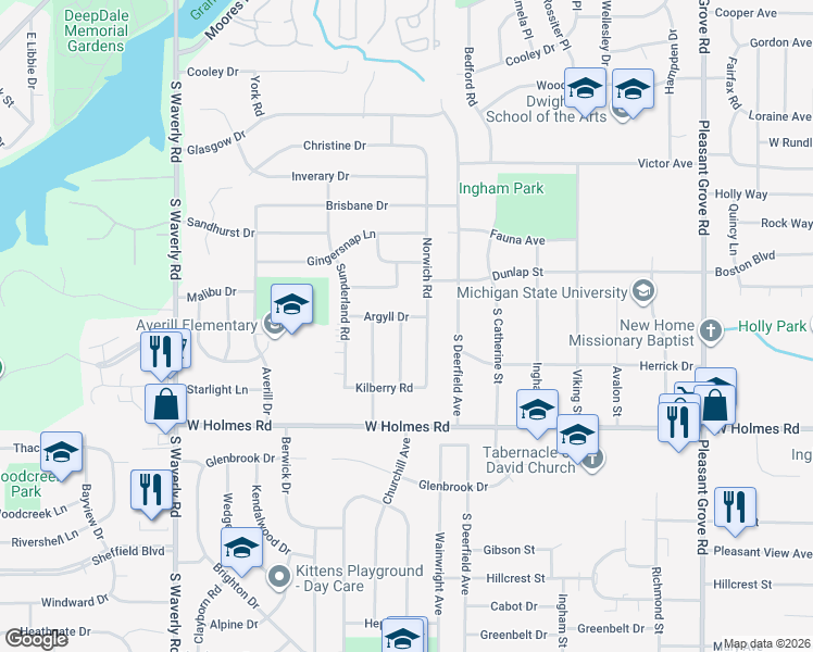 map of restaurants, bars, coffee shops, grocery stores, and more near 3101 Shetland Road in Lansing