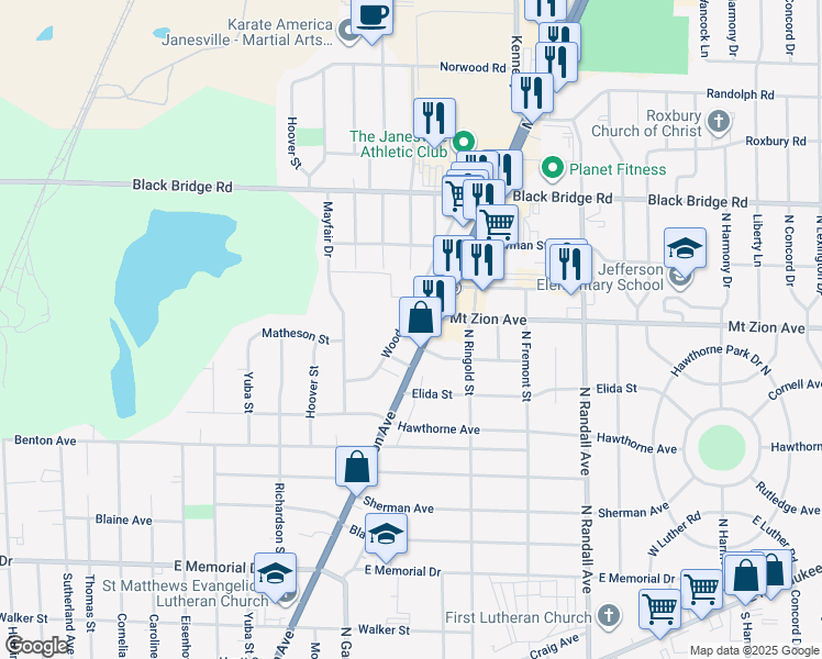 map of restaurants, bars, coffee shops, grocery stores, and more near 1247 Milton Avenue in Janesville