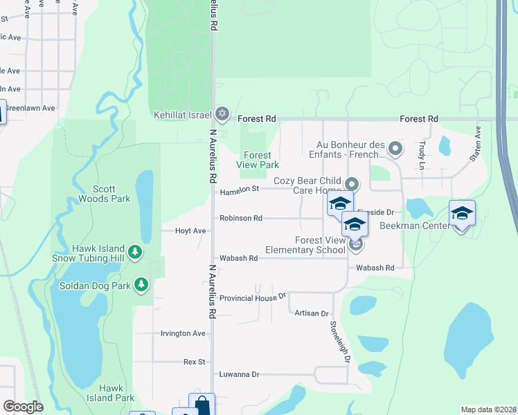 map of restaurants, bars, coffee shops, grocery stores, and more near 2127 Robinson Road in Lansing