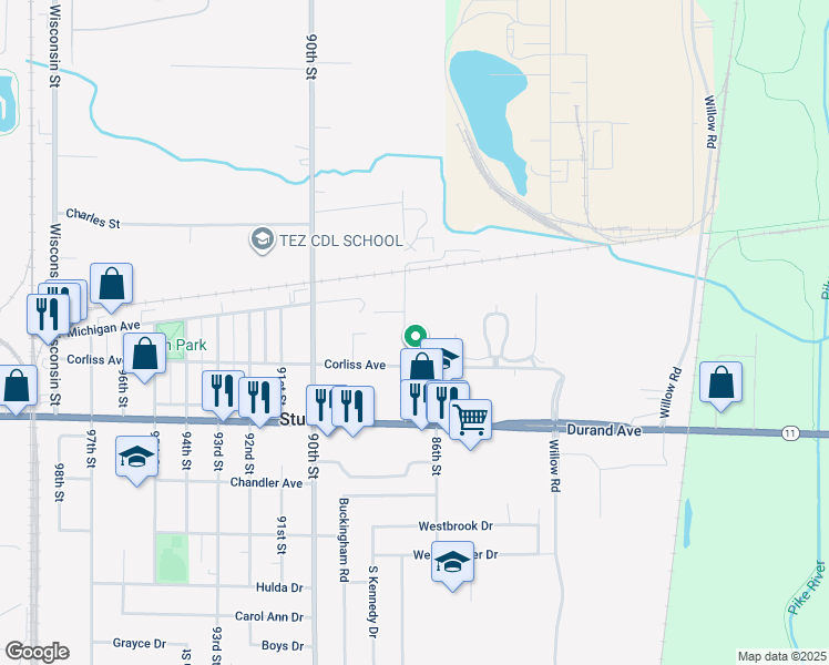map of restaurants, bars, coffee shops, grocery stores, and more near 2825 87th Street in Sturtevant
