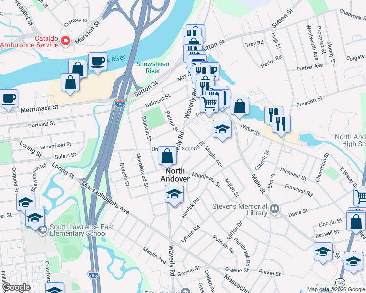 map of restaurants, bars, coffee shops, grocery stores, and more near 109 2nd Street in North Andover