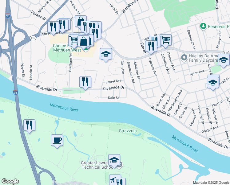 map of restaurants, bars, coffee shops, grocery stores, and more near 4 Lavoie Avenue in Methuen