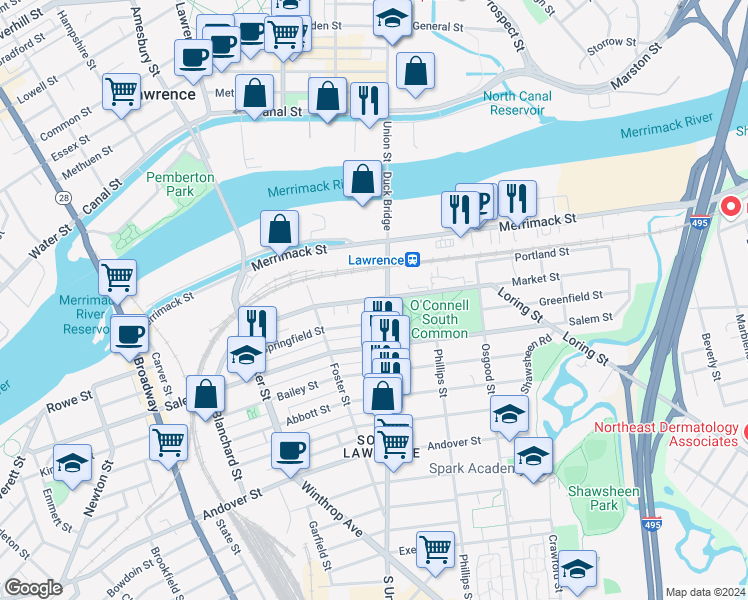 map of restaurants, bars, coffee shops, grocery stores, and more near 210 Market Street in Lawrence
