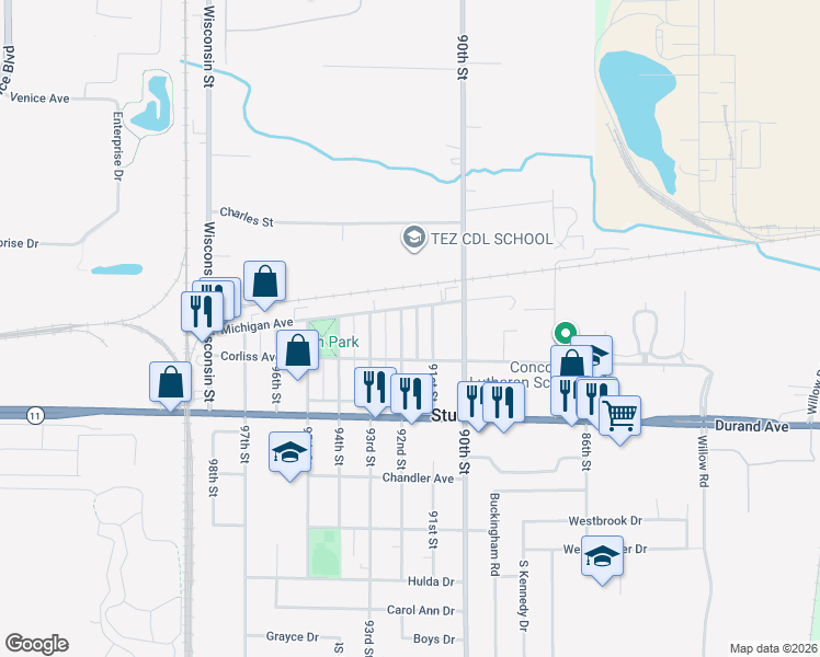map of restaurants, bars, coffee shops, grocery stores, and more near 2823 92nd Street in Sturtevant