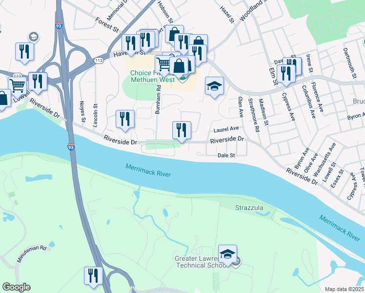 map of restaurants, bars, coffee shops, grocery stores, and more near 940 Riverside Drive in Methuen