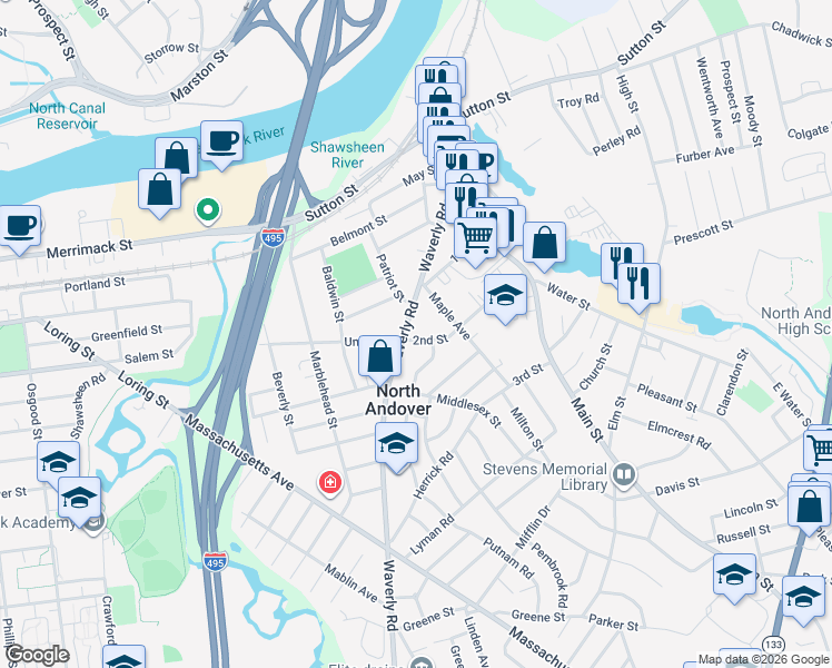 map of restaurants, bars, coffee shops, grocery stores, and more near 109 2nd Street in North Andover