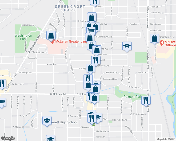 map of restaurants, bars, coffee shops, grocery stores, and more near 400 East Hodge Avenue in Lansing