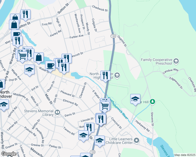 map of restaurants, bars, coffee shops, grocery stores, and more near 1 Walker Road in North Andover