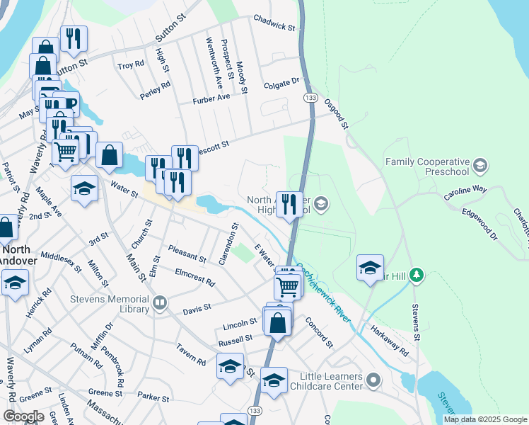 map of restaurants, bars, coffee shops, grocery stores, and more near 1 Walker Road in North Andover