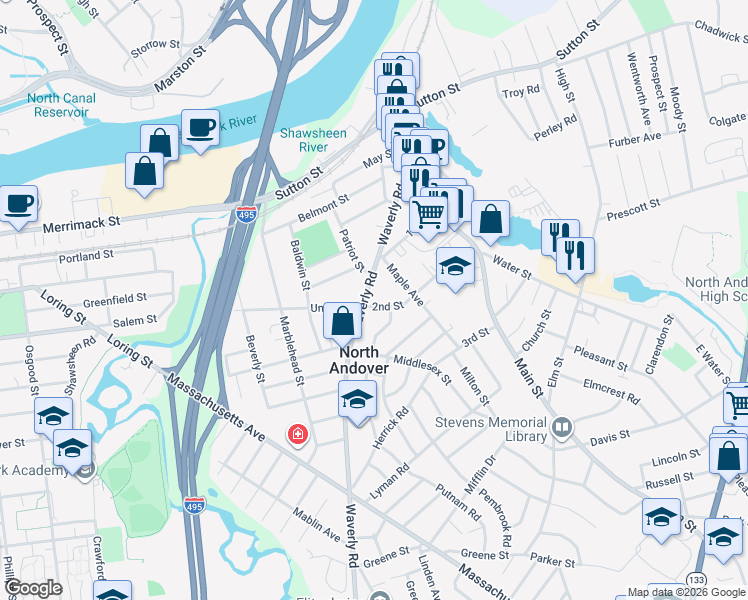 map of restaurants, bars, coffee shops, grocery stores, and more near 109 2nd Street in North Andover