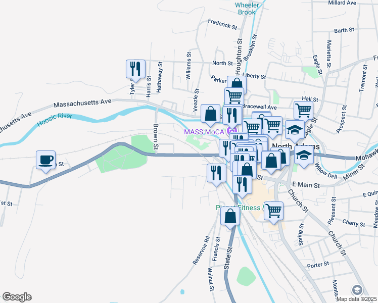 map of restaurants, bars, coffee shops, grocery stores, and more near 85 West Main Street in North Adams