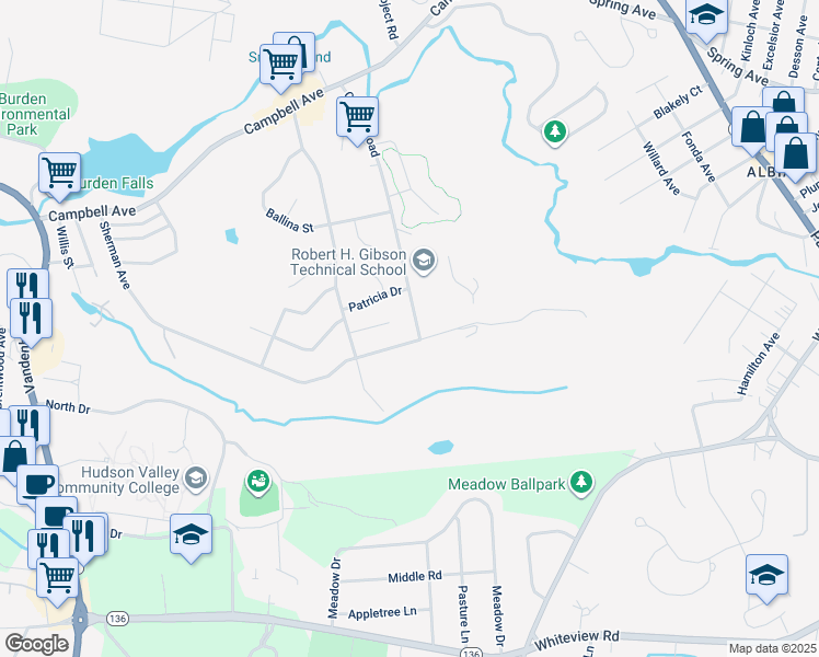 map of restaurants, bars, coffee shops, grocery stores, and more near 223 Sherman Avenue in Troy