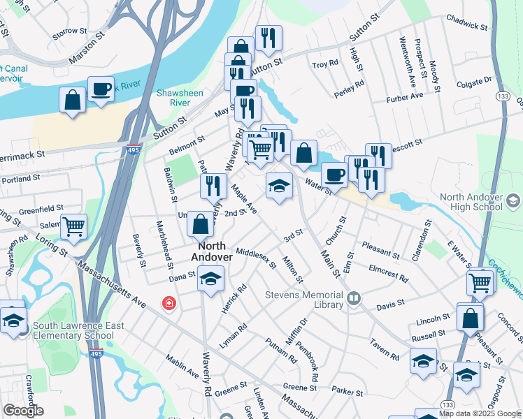 map of restaurants, bars, coffee shops, grocery stores, and more near 66 Maple Avenue in North Andover