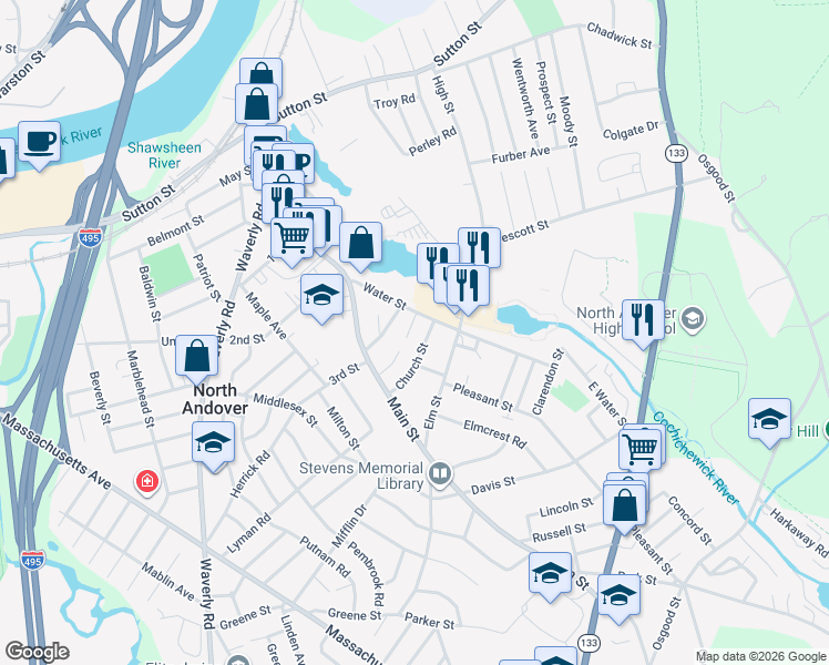 map of restaurants, bars, coffee shops, grocery stores, and more near 58 Church Street in North Andover