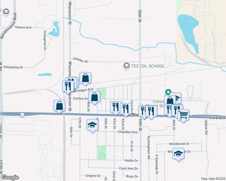 map of restaurants, bars, coffee shops, grocery stores, and more near 2820 93rd Street in Sturtevant