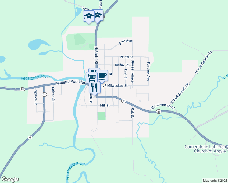 map of restaurants, bars, coffee shops, grocery stores, and more near 109 South Green Street in Argyle