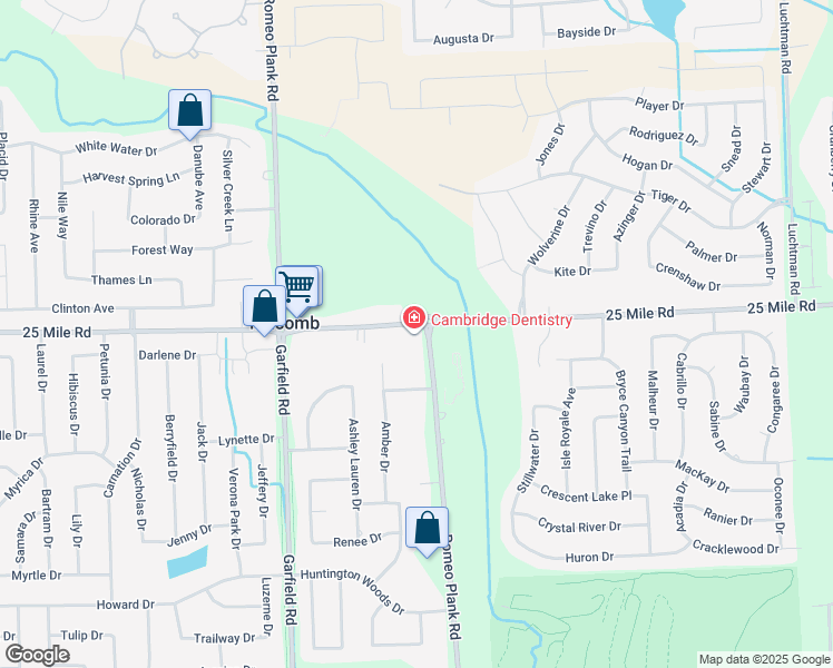 map of restaurants, bars, coffee shops, grocery stores, and more near 16984 25 Mile Road in Macomb