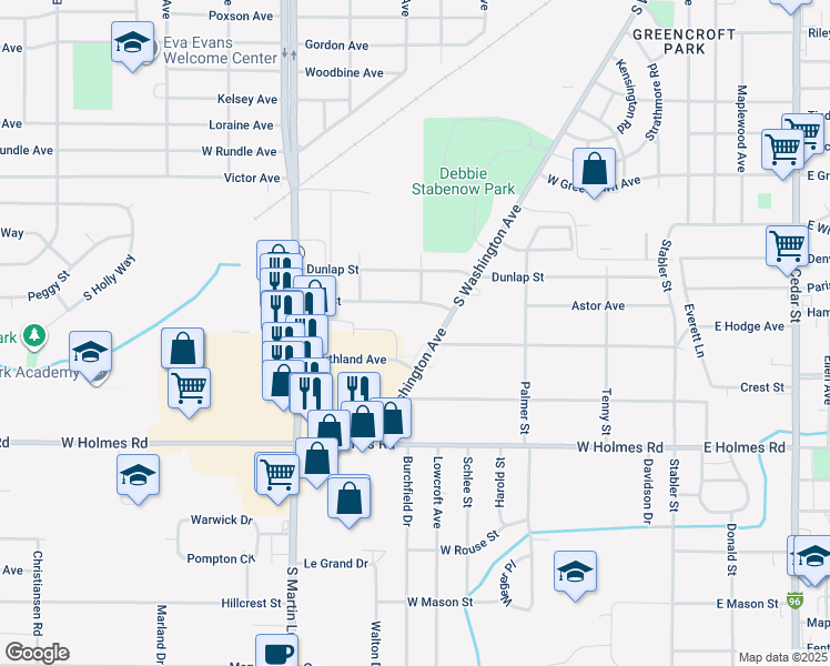 map of restaurants, bars, coffee shops, grocery stores, and more near 3200 South Washington Avenue in Lansing