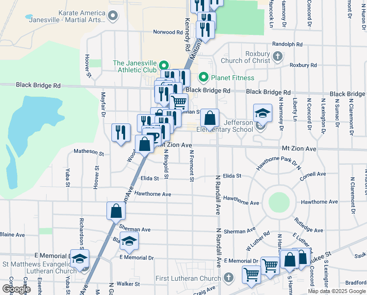 map of restaurants, bars, coffee shops, grocery stores, and more near 1332 Mount Zion Avenue in Janesville