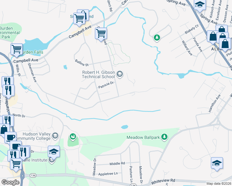 map of restaurants, bars, coffee shops, grocery stores, and more near 223 Sherman Avenue in Troy