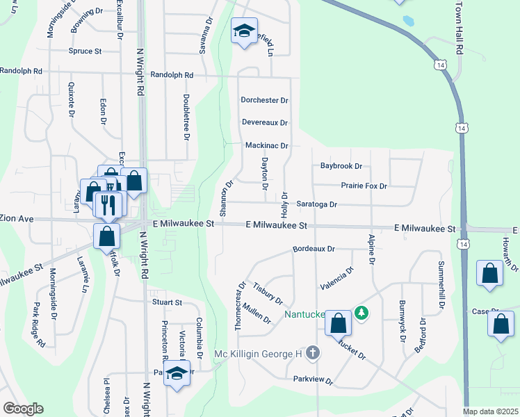map of restaurants, bars, coffee shops, grocery stores, and more near 4014 Saratoga Drive in Janesville