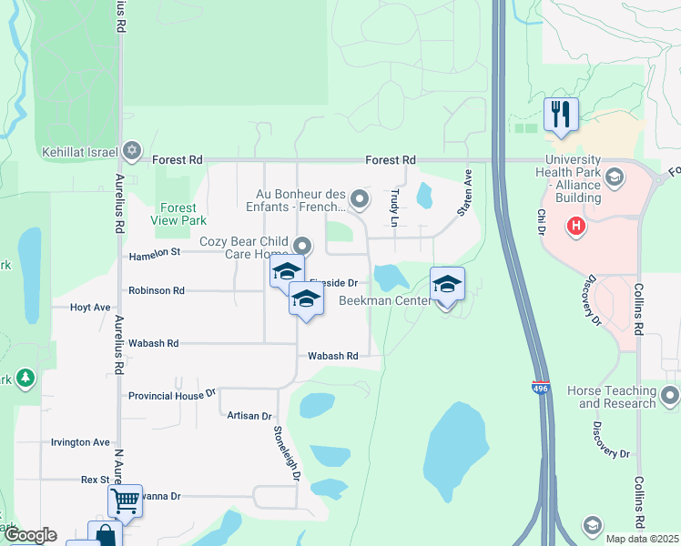 map of restaurants, bars, coffee shops, grocery stores, and more near 2715 Fireside Drive in Lansing