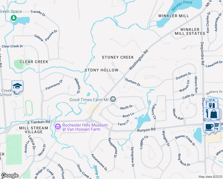 map of restaurants, bars, coffee shops, grocery stores, and more near Washington Road in Rochester