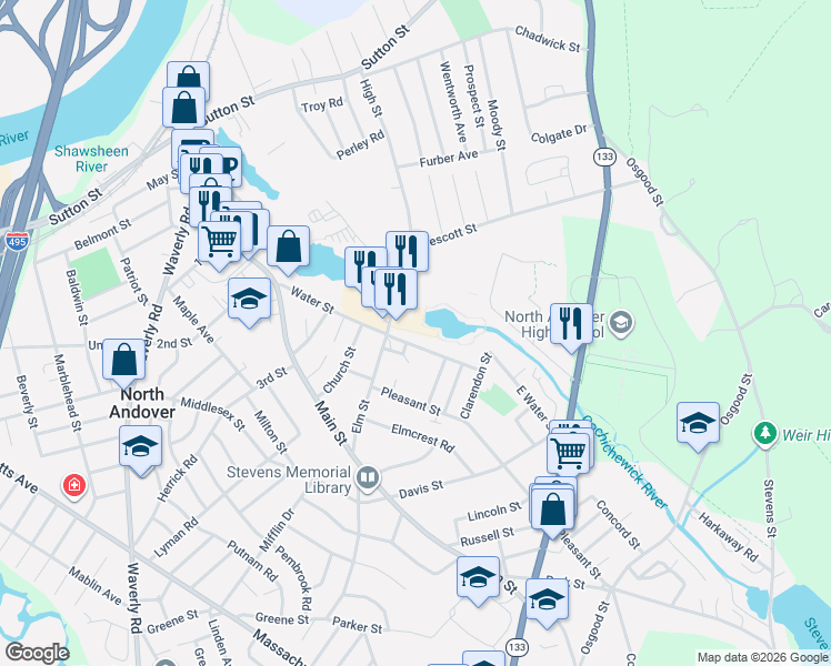 map of restaurants, bars, coffee shops, grocery stores, and more near 120 Water Street in North Andover