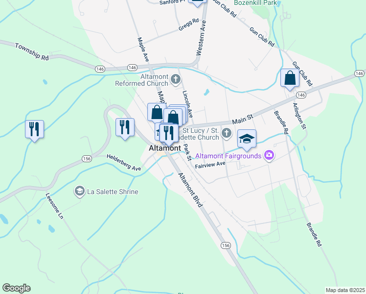 map of restaurants, bars, coffee shops, grocery stores, and more near 108 Park Street in Altamont