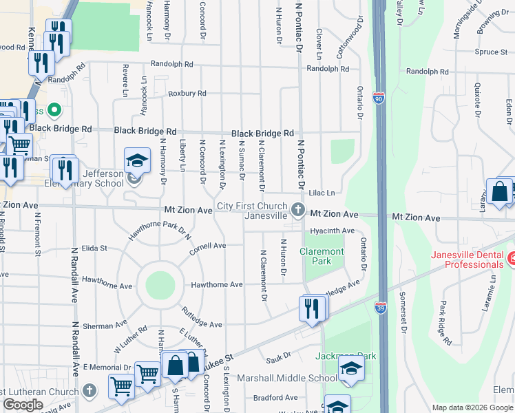 map of restaurants, bars, coffee shops, grocery stores, and more near 2419 Mount Zion Avenue in Janesville