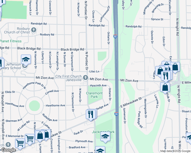 map of restaurants, bars, coffee shops, grocery stores, and more near 2723 Mount Zion Avenue in Janesville