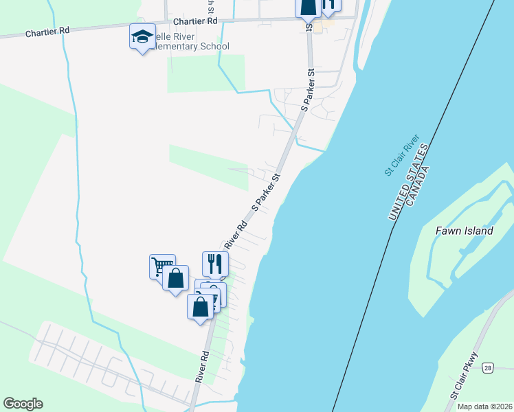 map of restaurants, bars, coffee shops, grocery stores, and more near 2001 South River Road in Marine City