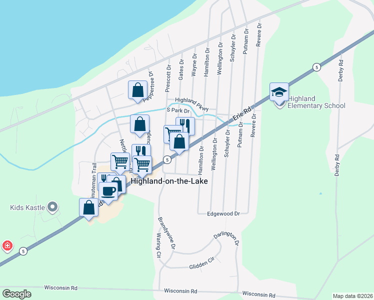 map of restaurants, bars, coffee shops, grocery stores, and more near 6847 Erie Road in Highland-on-the-Lake