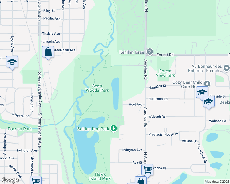 map of restaurants, bars, coffee shops, grocery stores, and more near 2800-3198 Ruth Avenue in Lansing