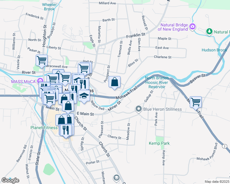 map of restaurants, bars, coffee shops, grocery stores, and more near 121 Union Street in North Adams